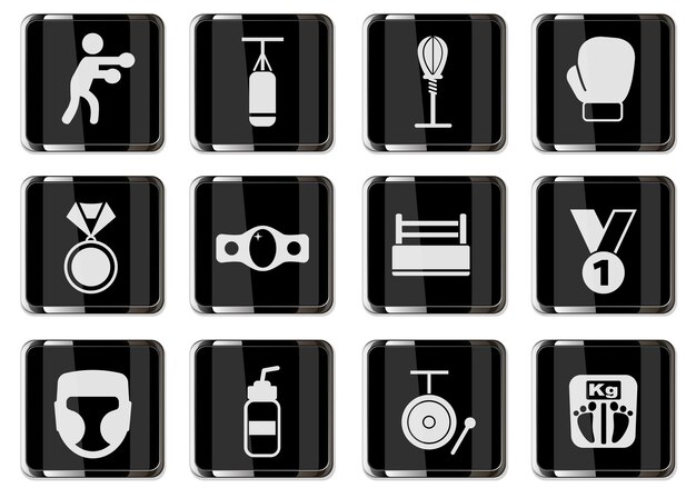 Vector pugilism pictograms in black chrome buttons. icon set for your design. vector icons