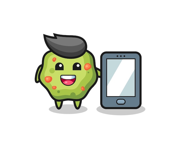 Puke illustration cartoon holding a smartphone