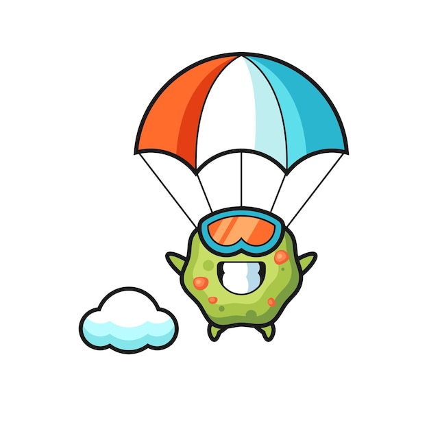 Il fumetto della mascotte del vomito sta facendo paracadutismo con un gesto felice, un design in stile carino per maglietta, adesivo, elemento logo