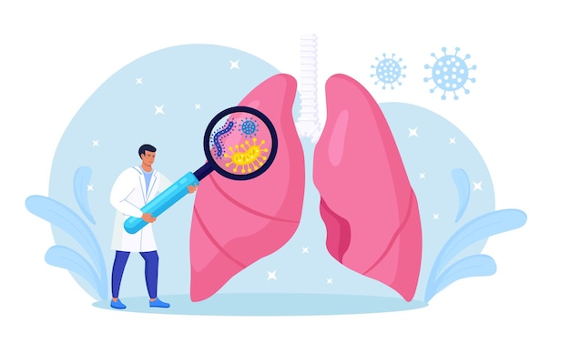 Pulmonologie. kleine dokter die longen onderzoekt met vergrootglas. tuberculose, longontsteking, behandeling van longkanker of diagnostiek. inspectie van inwendige organen voor ziekte, ziekte of problemen van de luchtwegen