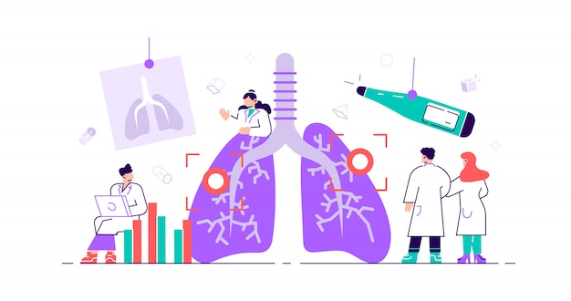 Вектор Концепция пульмонологии. легкие медики. проверка органов внутренних органов на наличие заболеваний, болезней или проблем. абстрактное обследование и лечение органов дыхания. плоская крошечная иллюстрация