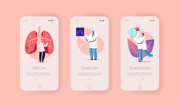 Pulmonology fluorographic examination, lungs x-ray checkup mobile app page screen templates set.