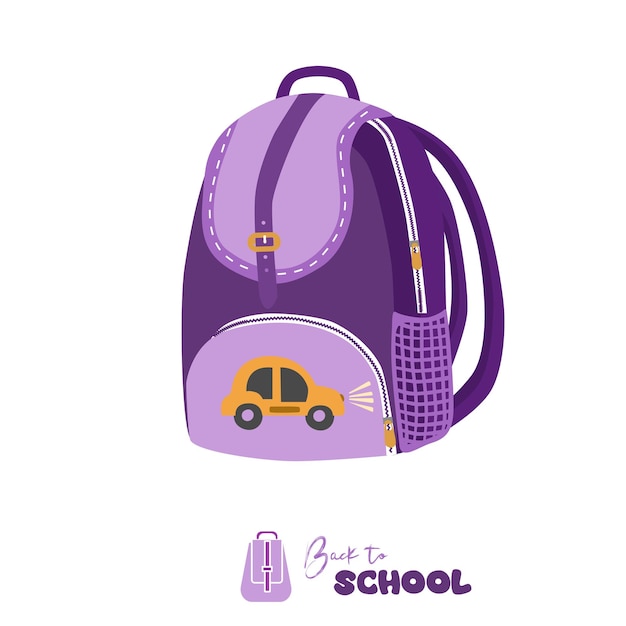 Pulpil backpack vector in purple School backpack flat vector in cartoon style School bag vector