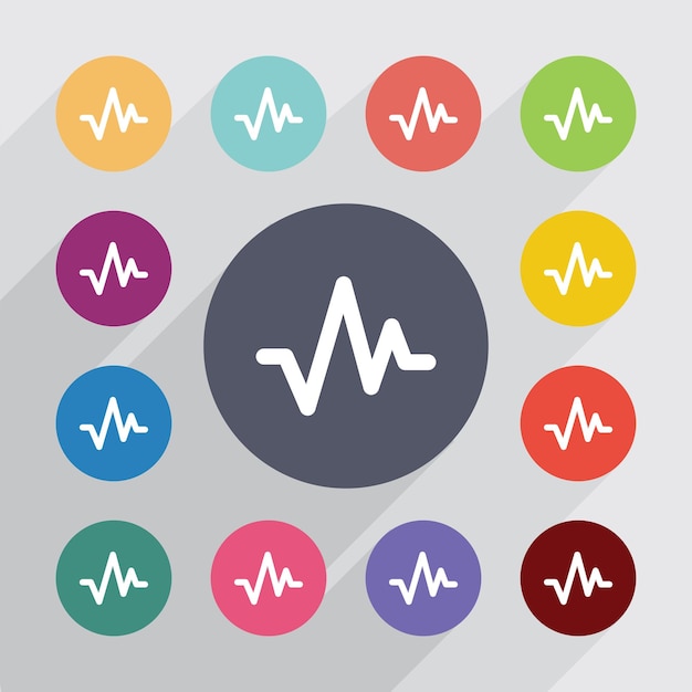 Puls, plat pictogrammen instellen. ronde kleurrijke knopen. vector