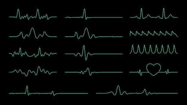 Vettore collezione di icone pulse line per elementi sulla frequenza cardiaca e monitor cardiogram.