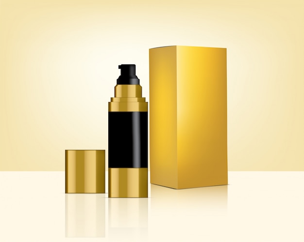 Pump Bottle Реалистичная золотая косметика и коробка для ухода за кожей Иллюстрация продукта. Здравоохранение и медицина.