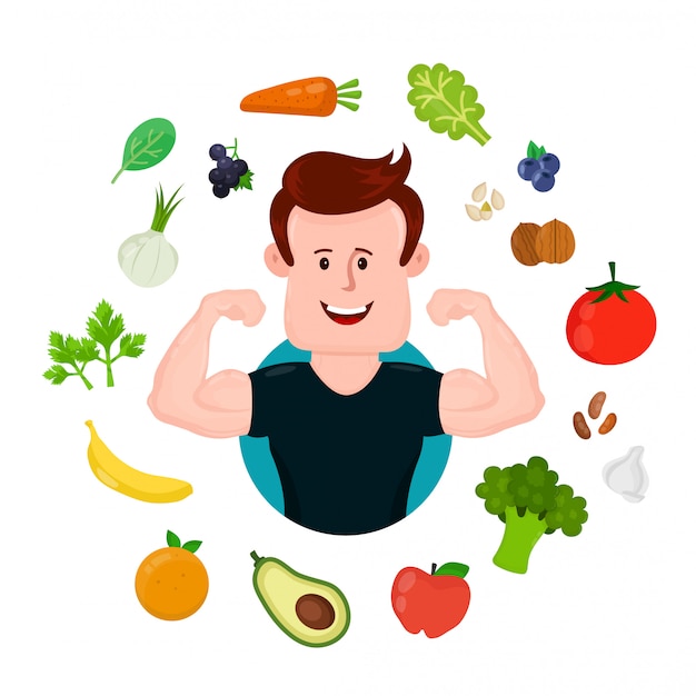 Vector pumped-up sport fitness young man around vegetables and fruits.