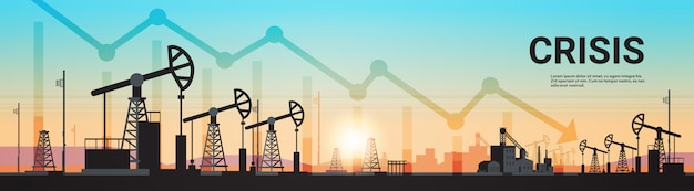 Vector pumpjack petroleum production trade oil industry concept pumps industrial equipment drilling rig sunset background horizontal copy space