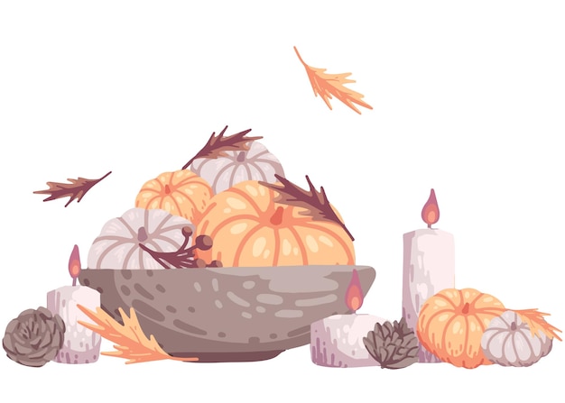 Vector pumpkin bowl, candles, autumn leaves