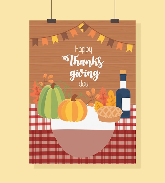 Vector pumpkin cake wine bottle tablecloth happy thanksgiving poster
