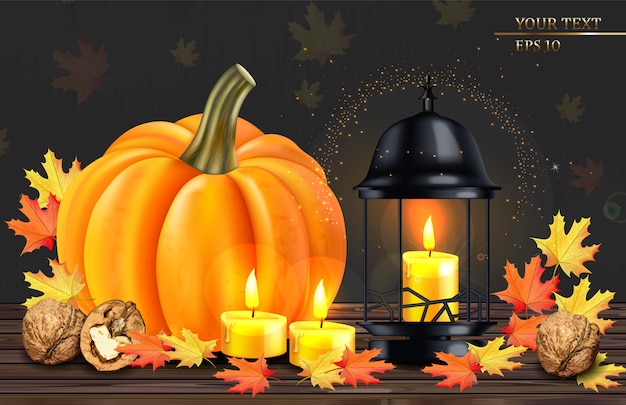 Vector pumpkin and candle light card