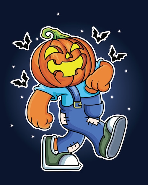 Pumpkin cartoon are walking with bats with big smile. isolated on navy background