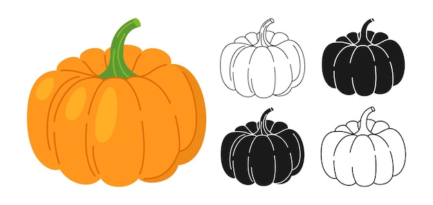 Pumpkin cartoon set line icon symbol style engraving silhouette ripe flat halloween festival harvest