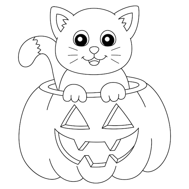 Pagina da colorare di halloween del gatto della zucca isolata