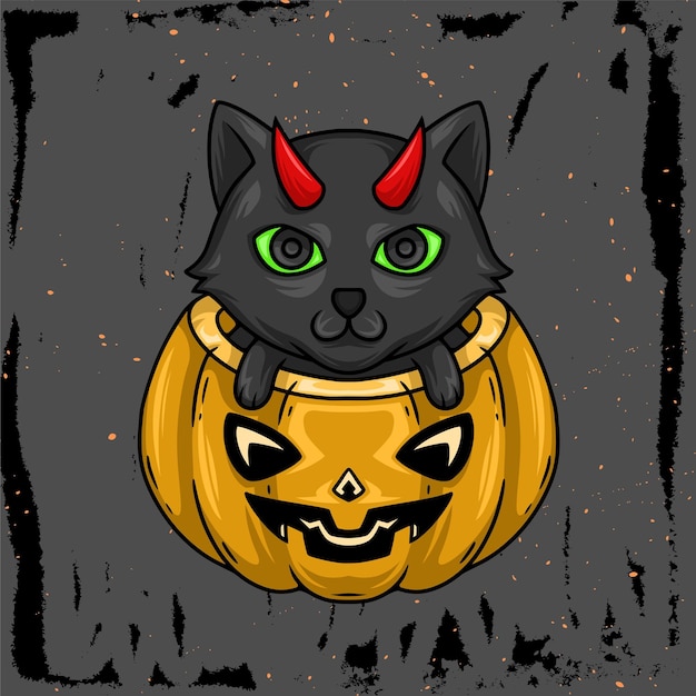 Pumpkin and cat hand drawn illustration for helloween