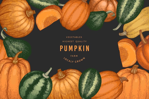 Vector pumpkin color design template. vector hand drawn illustrations. thanksgiving backdrop in retro style with pumpkin harvest. autumn background.