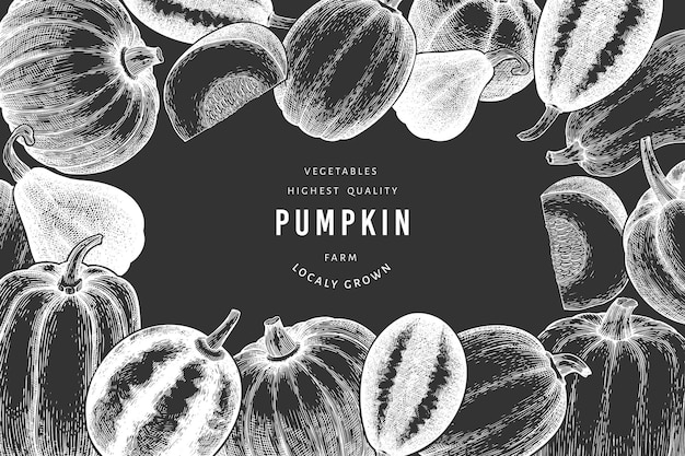 Pumpkin design template. Vector hand drawn illustrations on chalk board. Thanksgiving backdrop in retro style with pumpkin harvest. Autumn background.