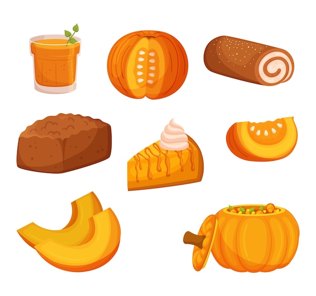 Pumpkin Dishes Include Pie Soup And Roasted Slices Sweet Roll Fresh Juice and Bakery Treats Versatile And Delicious These Meals Are Popular During The Fall Season Cartoon Vector Illustration