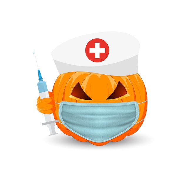 カボチャの医者。白い背景の上の医療マスクと注射器とカボチャ。休日のハッピーハロウィンのメインシンボル。