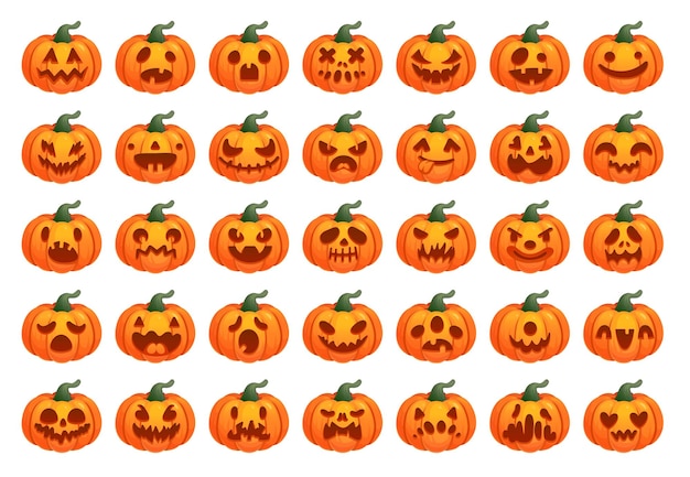 Zucca emoji halloween cartone animato zucche faccia scolpita helloween emozioni felici sorridente maschera divertente simpatici adesivi facce spaventose set icone malvagie arancioni illustrazione vettoriale geniale