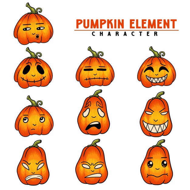 Pumpkin face expression set vector illustration