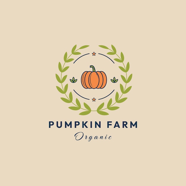 Pumpkin farm vintage logo with leaf vector illustration design