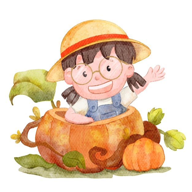 Vector pumpkin and farmer girl thanksgiving