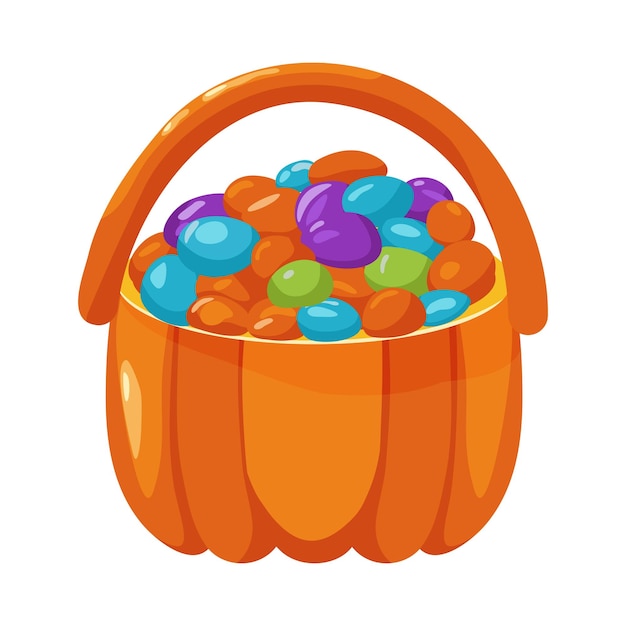 Vector a pumpkin filled with candy beans halloween basket with sweets vector illustration