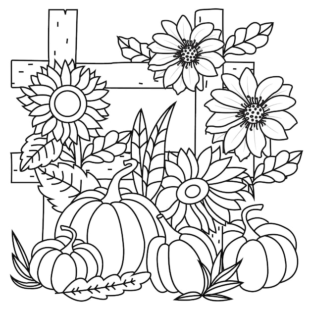 Pumpkin and flowers colouring page