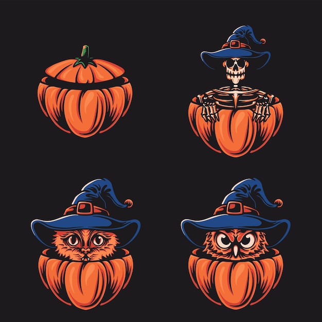 Vettore pumpkin halloween e illustrazione vettoriale dei personaggi