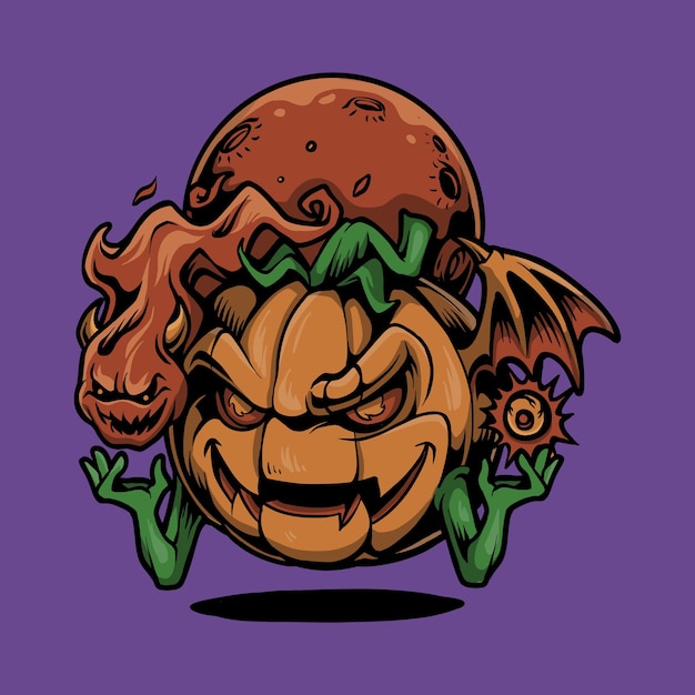 Pumpkin halloween head with ghost cartoon illustration