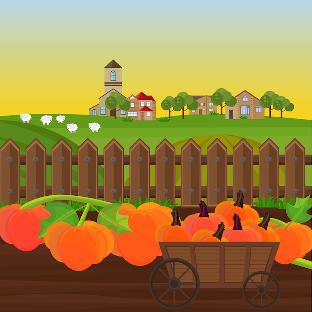 Pumpkin harvest in a cart garden vector. countryside backgrounds illustrations