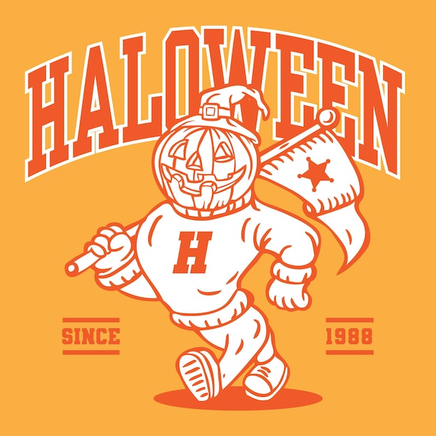 Vector pumpkin head halloween mascot character design in sport vintage athletic style vector design