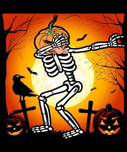 Pumpkin head skeleton dabbing vector