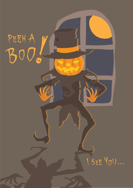 A pumpkin-headed human walks on a lonely and dark street near a haunted empty house