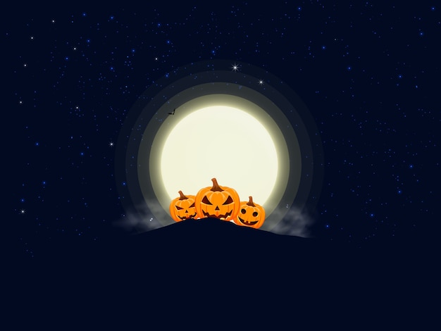 Vector pumpkin on hill with a full moon