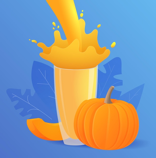 Vector pumpkin juice vegetable splash is poured into a glass plant food