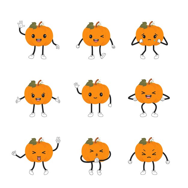 벡터 pumpkin kawaii 이모티콘 세트 이모지 만화 캐릭터 컬렉션