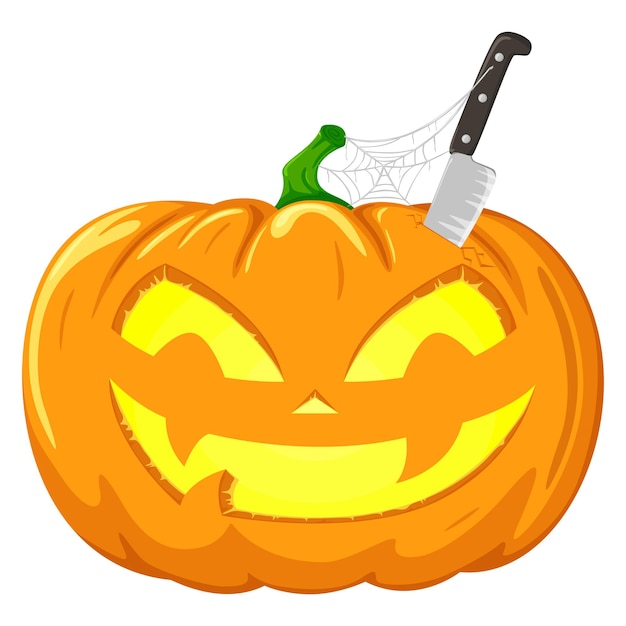 Vector pumpkin and knife for halloween party on white background.