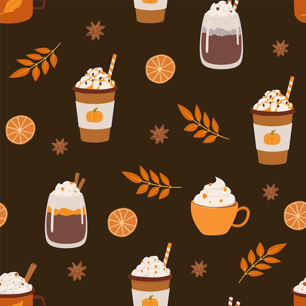 Pumpkin latte cappuccino hot chocolate flat seamless pattern Autumn beverage vector illustration Coffee shop Wrapping paper fabric design