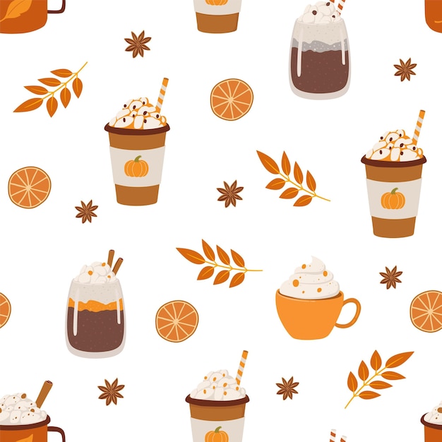 Pumpkin latte cappuccino hot chocolate flat seamless pattern Autumn beverage vector illustration Coffee shop Wrapping paper fabric design