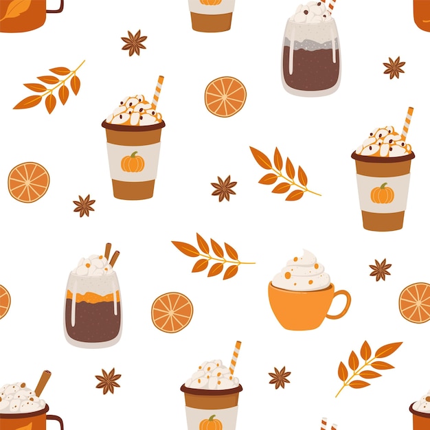 Latte di zucca cappuccino cioccolata calda modello piatto senza giunture illustrazione vettoriale delle bevande autunnali coffee shop carta da imballaggio in tessuto design