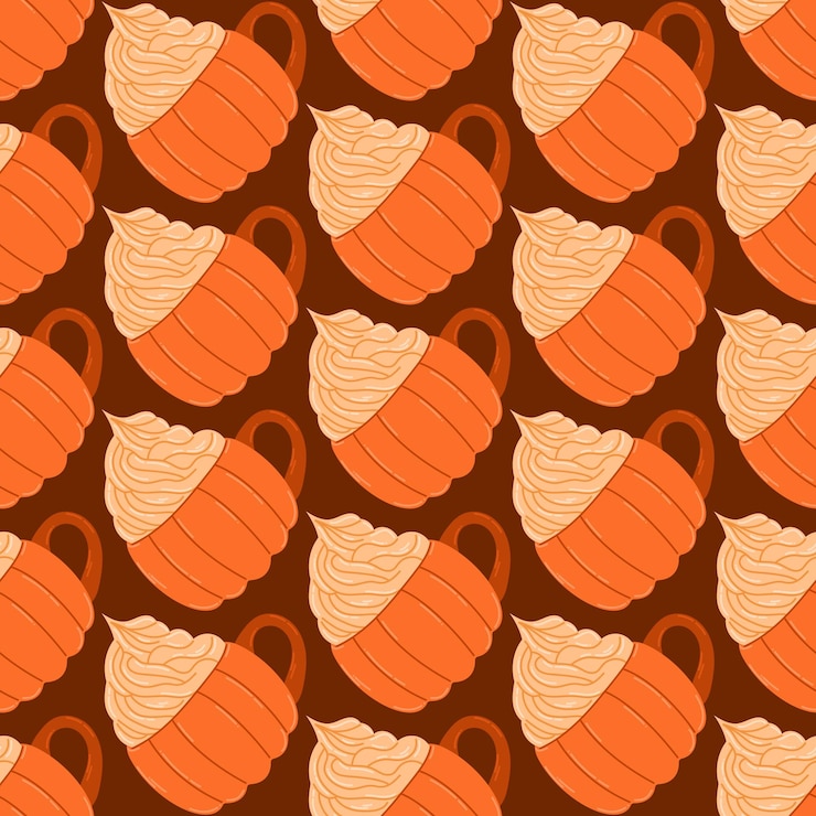 Vector pumpkin latte seamless pattern in pumpkin mug autumn illustration