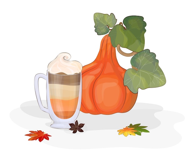 Vector pumpkin latte in a transparent glass with whipped cream. pumpkin and autumn coffee drink.