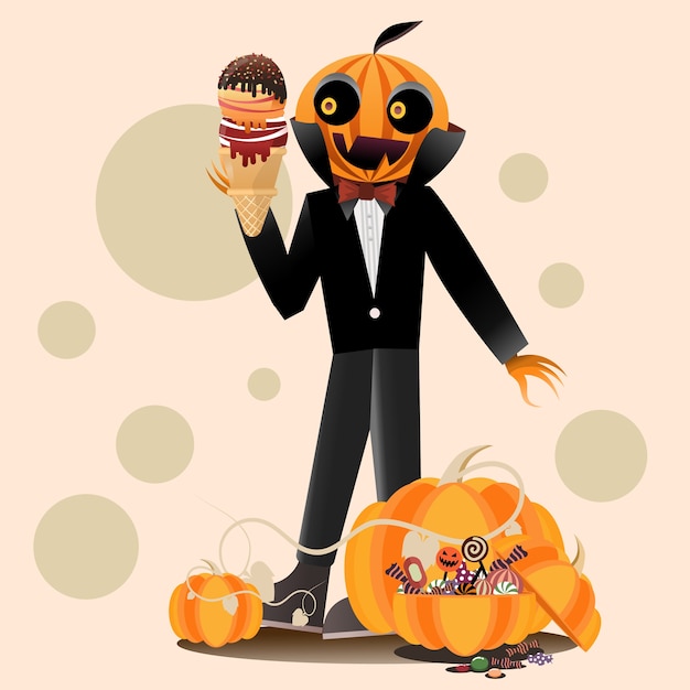 The pumpkin man holding ice cream and standing among sweets