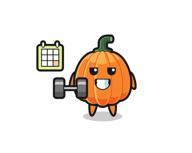 Pumpkin mascot cartoon doing fitness with dumbbell