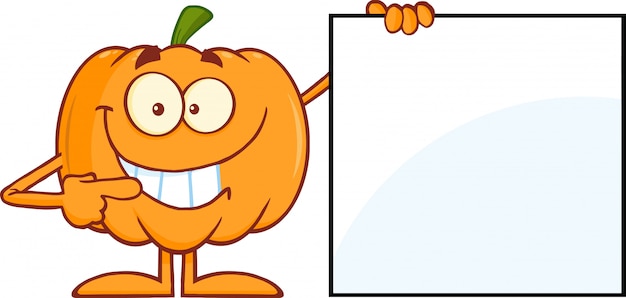 Pumpkin mascot character showing a blank sign