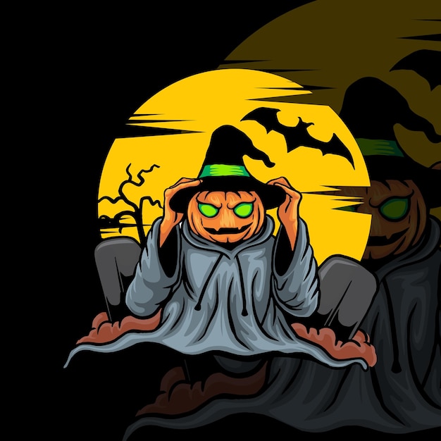 Pumpkin monster in the grave illustration