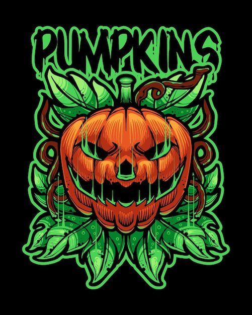 Pumpkin Monster in Japanese Illustration Style Isolated Vector.