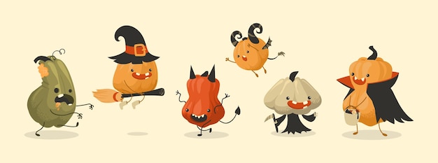 Pumpkin monsters cartoon autumn halloween holiday food mascots set scary squashes with funny faces isolated spooky gourds in festival costumes vector fearful october characters